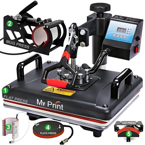 Image of MY PRINT | Heat Press 5 in 1 Digital Multi Functional | DTF PRINTING | Sublimation Printing | Vinyl Printing Machine for T-Shirts [Any Flat Product] with Cap Press, Plate Press, 11Oz Mug Press, with extra Mug Attachment | 12x15 Inch | For Business Supplies [Teflon Attached]