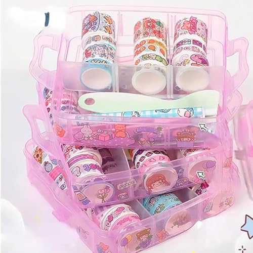 Image of Washi Tape Set - 100 Pcs Decorative Designer Tapes + 20 Kawaii Stickers, Tweezer, Pen, Spatula in 3-Layer Storage Box | Masking Tapes for DIY Crafts, Journaling, Scrapbooking (MODEL 1)