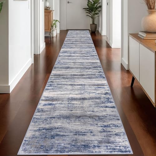 KOZYFLY Modern Abstract Washable Rug Runner 2.6x18 Hallway Rug Runner Non-Slip Soft Kitchen Runner Rugs, Distressed Grey-Blue Striped Carpet for Entryway Bathroom Laundry Room Foyer