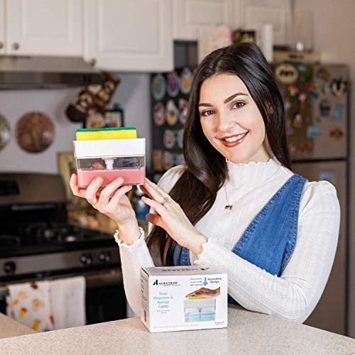 Albayrak Soap Dispenser for Kitchen + Sponge Holder - U.S. Design Patent - Premium Quality Dish Soap Dispenser - Counter Top Sink Dispenser - Instant Refill, Durable, Rustproof