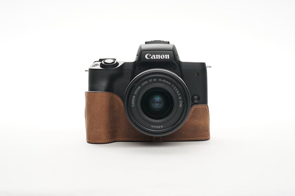 Handmade Genuine Real Leather Half Camera Case Bag Cover for Canon EOS M50 Tan color