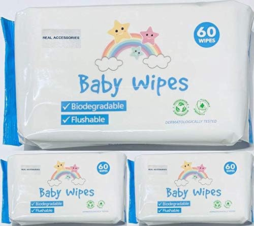 100% Biodegradable Baby Wipes Sensitive Newborn Flushable Baby Wipes 99.9% Water, Dermatologically Tested 180 Wet Wipes (3 Packs Of 60 Wipes) DEVELOPED IN THE UK