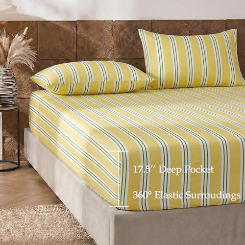 Image of Merryword 100% Cotton Sheet Set Queen Size, Yellow & Green Stripes Bedding, Soft Breathable Percale Weave, Modern Minimalist, Luxury Linen Like, Deep Pocket Fitted Sheet 17.5 inch