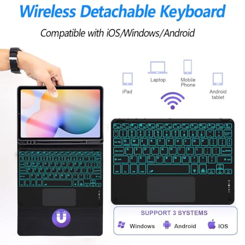 Image of Keyboard Case for Samsung Galaxy Tab A11+ & Tab A9 Plus 11 inch Folio Cover SM-X230, SM-X236B, SM-X210, SM-X215 with Trackpad, 7 Color Backlit Magnetically Detachable Bluetooth Keyboard, Multi-Angle View