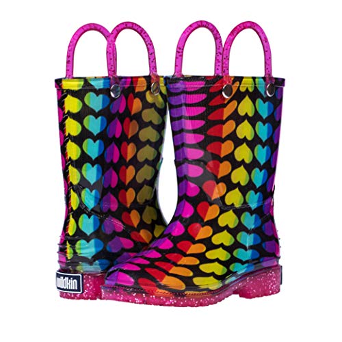 Wildkin Kids Rain Boots for Big Kids Boys & Girls, 100% Water Proof Rain Boots for Kids with Easy Slip-On Handles, Features No-Slip Tread, Ideal for All Seasons, BPA-Free, Size 2 (Rainbow Hearts)