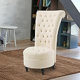 Living Room Chair Velvet High Back Accent Bedroom Chair Tufted Royal Throne Retro Armless Lounge Chair Upholstered Chairs w/Storage for Women Girls (Beige)