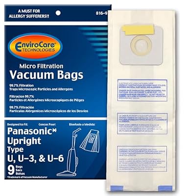 EnviroCare Replacement Micro Filtration Vacuum Cleaner Dust Bags Designed to fit Panasonic Types U, U-3, U-6, 9 bags