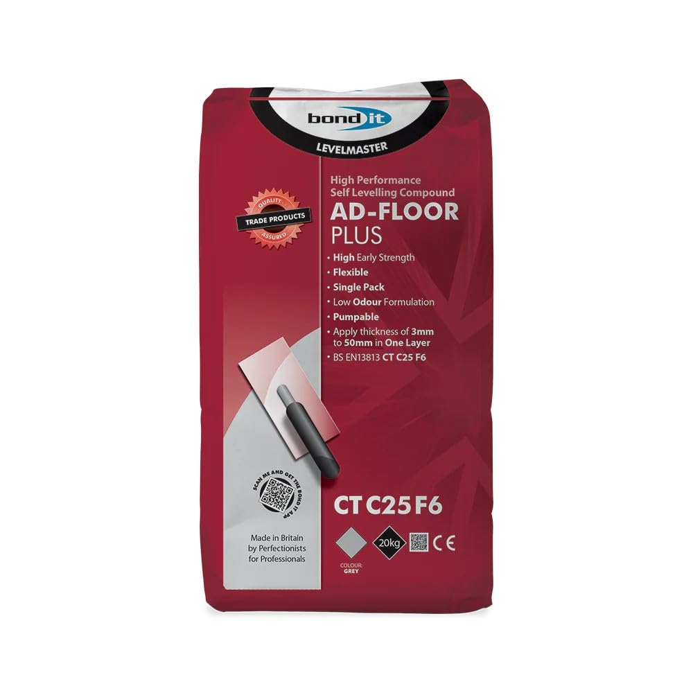 Bond It LevelMaster Ad-Floor Plus | 3-50mm Flexible Self-Levelling Floor Compound | Protein-Free & Pumpable Screed for Internal Use | Underfloor Heating Compatible 20KG