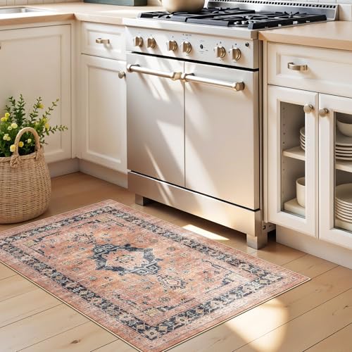 Washable 2x3 Small Area Rug: Vintage Indoor Soft Non Slip Door Mat Stain Resistant Carpet for Bedroom Living Room Light Weight Floor Mat for Kitchen Bathroom - Perfect for Homes with Pets (2x3,Orange)