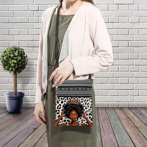 African American Messenger Bag Small Ethnic Pattern Printed Adjustable Strap Crossbody Zipper Pouch Cheetah Leopard Queen Phone Organizer Wallet Cute Shoulder Handbag for Black Women3