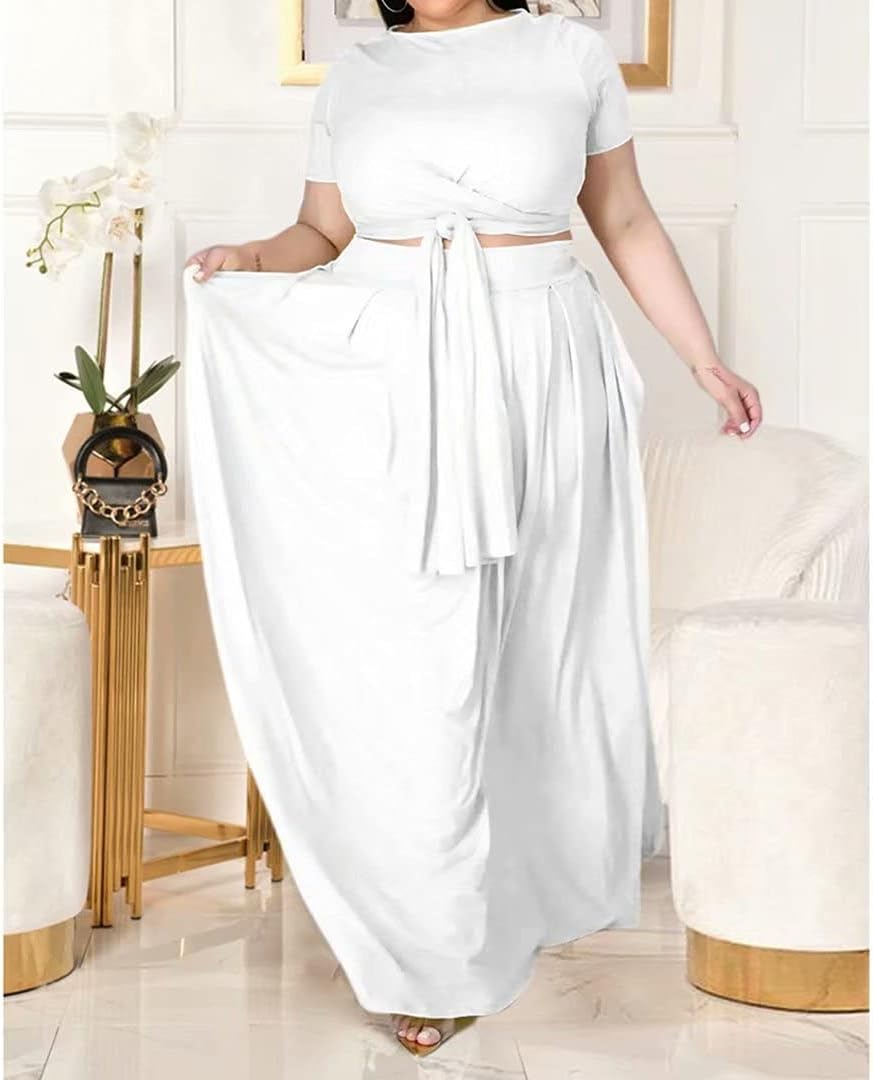 Womens Plus Size 2 Piece Dress Outfits Short Sleeve Bandage Wrap Empire Crop Tops and Skirt Sets - Image 2