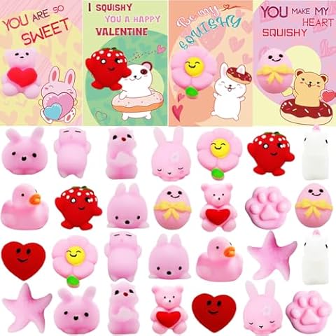DINESIL 28 Packs Valentine's Kawaii Mochi Squishy Toys with Cards, Mini Squishy Animal Squishies Stress Relief Toy for Kids Valentine Exchange Gifts, Valentine Party Favors Cover