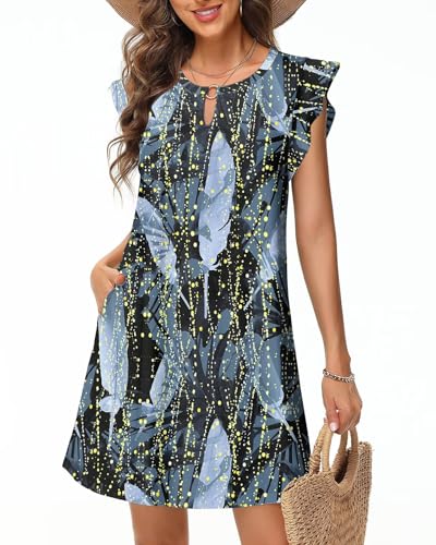 Tanmolo Vestido de verano para mujer, ligero y aireado, hasta la rodilla, estilo swing, con estampado floral, sin mangas con bolsillos, Chispeante Leaf Blue, M