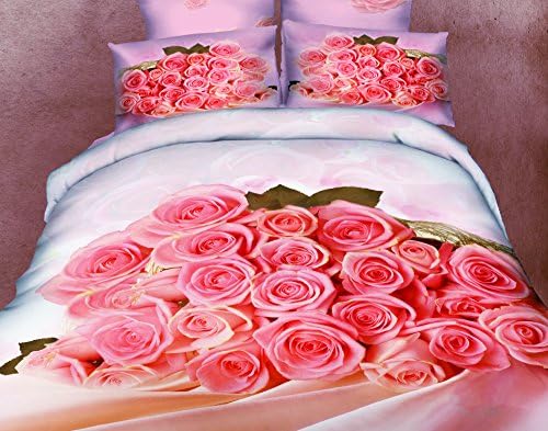 TOUCH NEW YORK Romantic 3D Printed Pink Roses from, Premium Quality 4-Piece Bedding Set, 100% Soft Cotton, Full & Queen Size.