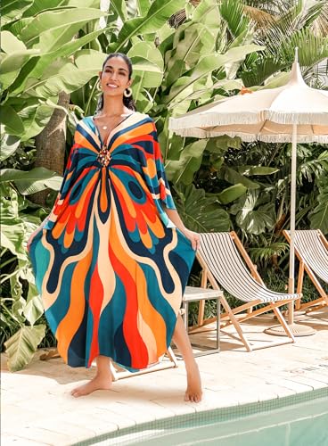 Image of Yanziliu Kaftan Dress for Women,Plus Size Hawaiian Batwing Sleeve Beach Cover Up Summer Swimsuit Dresses