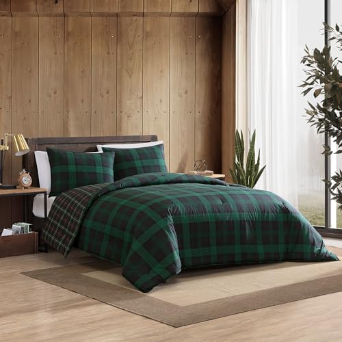 Image of Eddie Bauer - King Duvet Cover Set, Soft & Reversible Cotton Bedding with Button Closure, 3 Piece Bed Set with Matching Pillowcases (Woodland Tartan Green)
