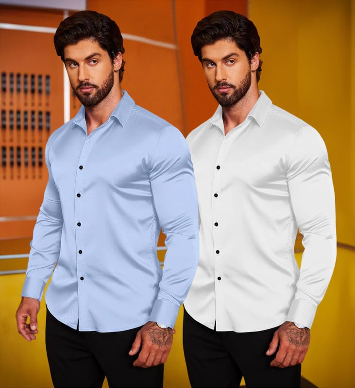 Image of Combo of Men's Premium Satin Cotton Shirt with Full Sleeves & Spread Collar | Smooth Finish | Slim Fit | Stylish Button Down Shirt for Evening, Casual Pack of 2