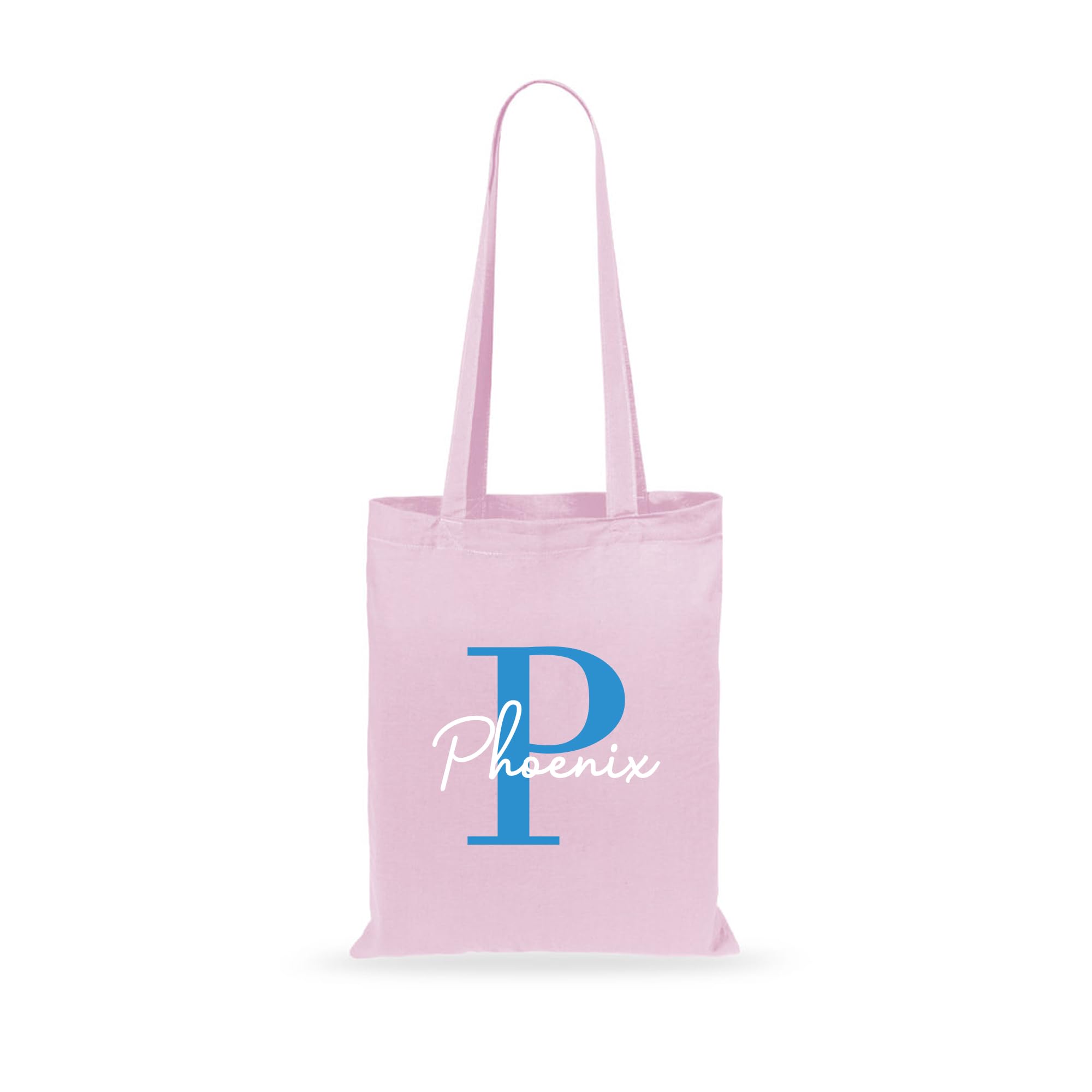 eBuyGB Personalised Cotton Tote Shopper with Blue Initial & Name, Birthday Gift, Kids Party Bags, Reusable Bag (Pastel Pink)