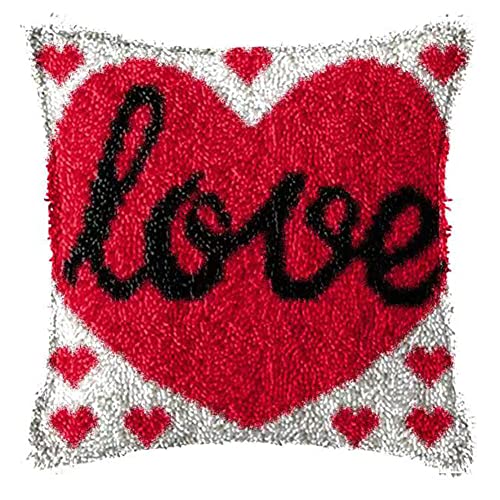 GemJelry Latch Hook Kits for Adults Kids DIY Love Pillow Cover Beginner Cross Stitch Kits with Preprinted Canvas Crochet Yarn Kits Creative Hand Craft Home Decoration 17'' X 17''