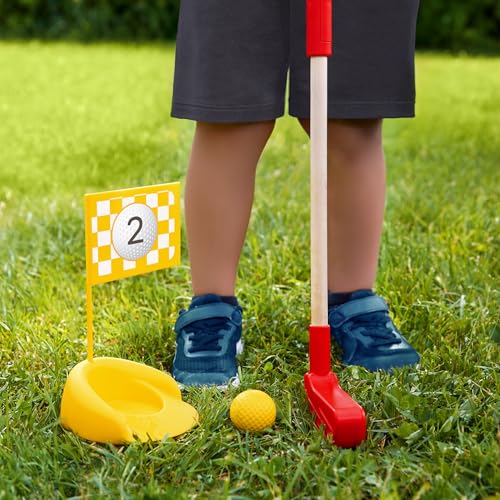 Image of B. toys Toy Golf Set, Hole-in-Fun with Wooden Clubs, 15-Piece Play | 15-piece mini golf set with 2 clubs, 4 balls, 4 cups, 4 numbered flags, storage bag, indoor or outdoor play, ages 3 years +