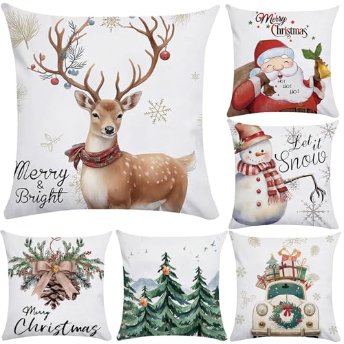 Xyxu Christmas Cushion Covers Set Of 6, Merry Christmas Decorations indoor Colorful Xmas Pillow Cases Covers, Soft Plush Cartoon Winter Xmas Design Cushion Covers 40 x 40 cm for Sofa Decor indoor