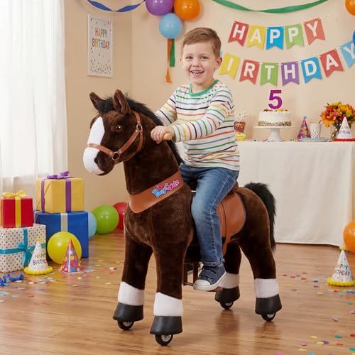 Image of PonyCycle Official Classic U Series Ride on Horse Toy Plush Walking Animal Chocolate Brown Horse Size 4 for Age 4-8 Ux421