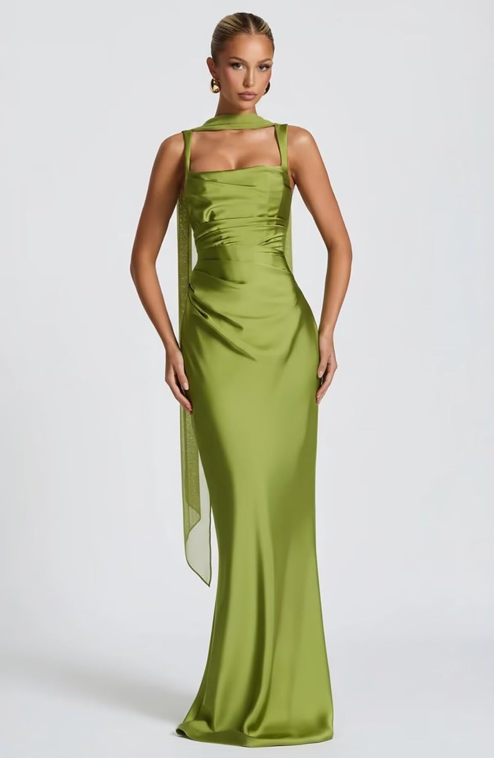 Mermaid Bridesmaid Dresses Satin Prom Dresses with Scarf Square Neck Corset Formal Wedding Guest Maxi Dress - Image 6