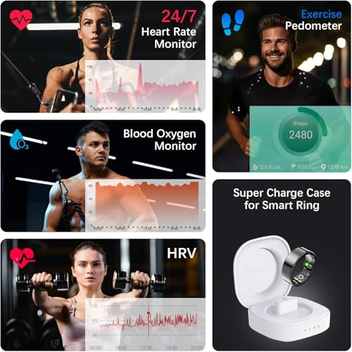Image of Health Tracker Ring, Smart Health Ring for Women Men with Heart Rate, Blood Oxygen, Sleep Monitor, Steps,Calories, No Subscription Fee, IP68 Waterproof Smart Ring for iPhone & Android (Black, 8#)