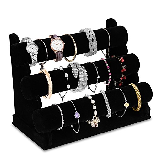 Flexzion Black Velvet Hovering 3 Tier T-Bar Jewelry Stand Display Storage Store Rack - Removable Necklace Bracelet Earring Bangle Pendants Anklet Tower Watch Key Holder Organizer For Women Men Girl #TOP4