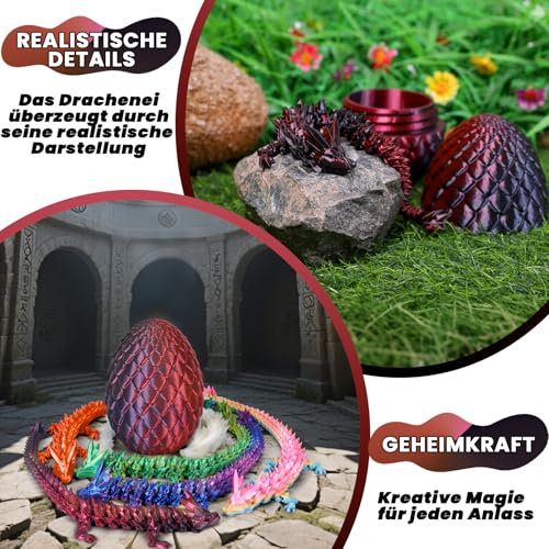 Merrwon 3D-Gedruckter Drache (28,5 cm) mit Drachenei - Kreative Spielzeug und Deko, Schwarz-rot