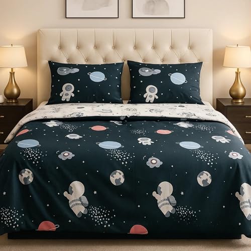 Image of Famyo King Size Bedding Set 4 Pc 250 TC Astronaut Space Design | Includes fitted bedsheet, comforter cover & 2 pillow covers, soft 250 TC bedding set in grey & white