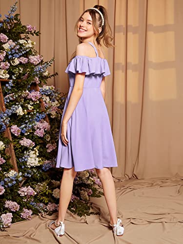Wdirara Girl's Cold Shouler Ruffle Short Sleeve A Line Flowy Knee Length Party Dress Lilac Purple 12-13Y #TOP1