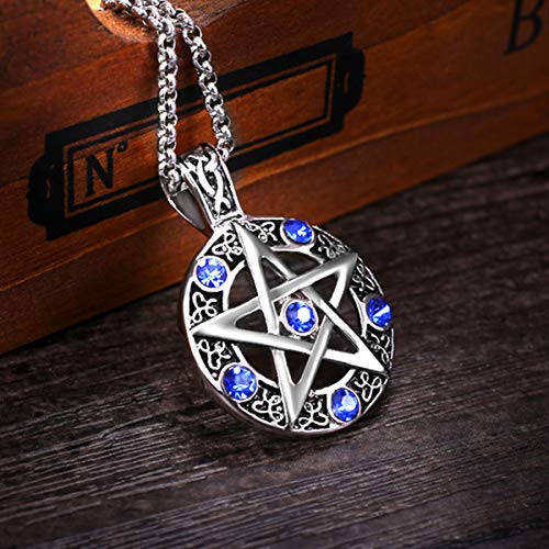 Leprato Stainless Steel Pentagram Pendant Necklace High Polished Blue Crystal Pentacle Charm Amulet Pendant Necklace for Men Women2