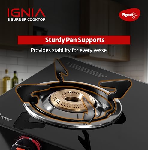 Image of Pigeon Ignia 3 Burner Gas Stove | Brass Burner | Easy Cleaning | Toughened Glass | 2 year Warranty