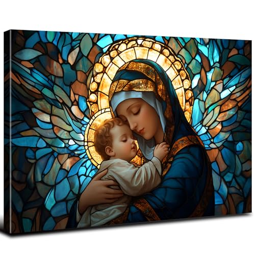 Image of Virgin Mary Wall Art for Living Room Our Lady Hold Baby Jesus Pictures Wall Decor Retro Abstract Guadalupe Canvas Prints Spiritual Catholic Painting Artwork Bedroom Church Home Decorations 12x16 inch