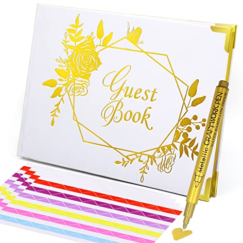 Wedding Guest Book, Sign in Guest Book for Wedding Reception with Gold Foil and Gilded Edges, 10x7 Guest Book with Pen and Photo Corner Sticker,Guestbook for Wedding,Baby Shower,Anniversary,Birthday