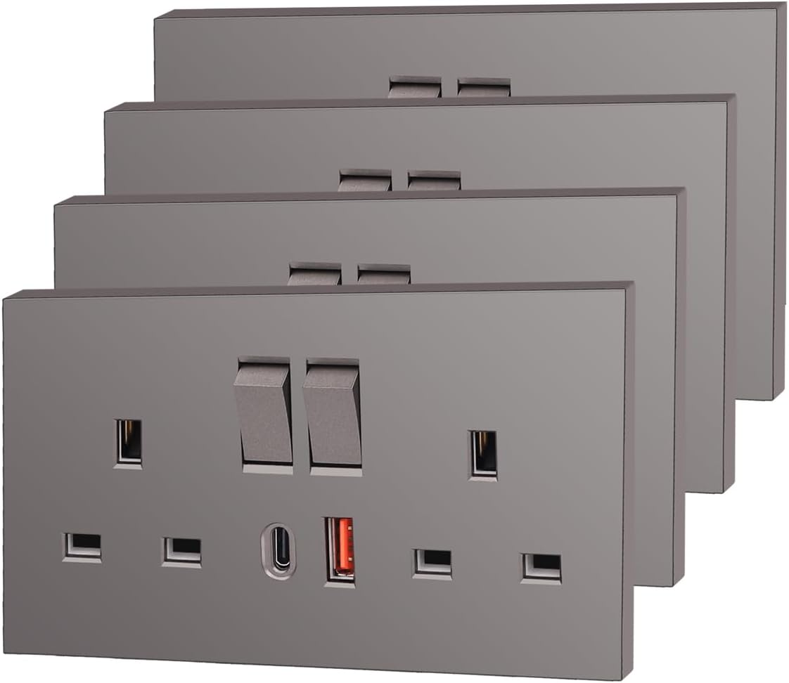 4 Pack CNBINGO USB Type C Double Socket, 20W Max Fast Charging, Double Switched Socket with 20W PD USB C and A, Electric Power Sockets 2 Gang 13 Amp, Grey Double Wall Outlet