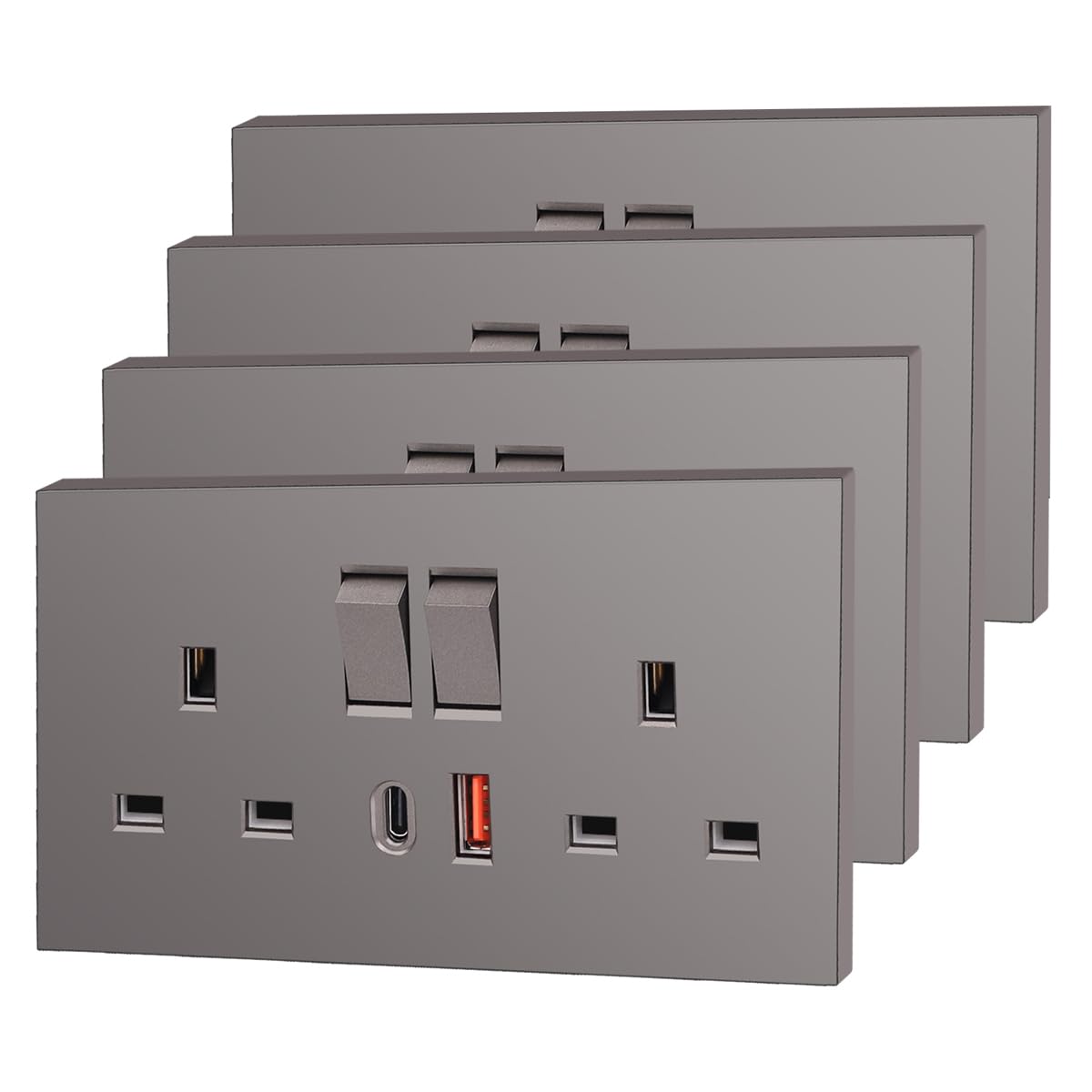 4 Pack CNBINGO USB Type C Double Socket, 20W Max Fast Charging, Double Switched Socket with 20W PD USB C and A, Electric Power Sockets 2 Gang 13 Amp, Grey Double Wall Outlet