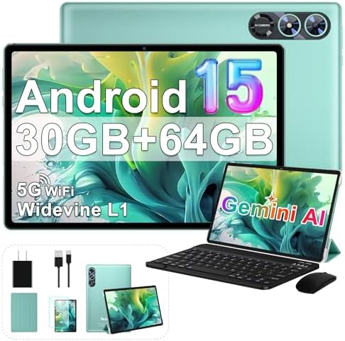 2025 Tablet 10 Inch Android 15 Tablets with Keyboard 30GB RAM 64GB ROM, Octa-Core 2-in-1 Tablet with Gemini AI, 5G WiFi, 6000mAh, HD IPS Display, GPS, Widevine L1, Split Screen, Mouse-Green