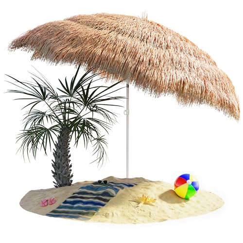 Kingsleeve® Hawaii Garden Parasol | 1.9m Height | 1.6m Diameter | UV30+ Protection | Tiltable | Height-Adjustable | Ground Spike | Large Round Straw Raffia Tiki Hut Thatch Umbrella | Natural