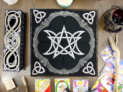 Image of Altar Cloth Sun Moon Pentagram Witchcraft Black Magic Wica Wall Hanging Spread Top Cloth Wiccan Square Spiritual 18x18 inches (Triple goddess pentagram triquetra silver)