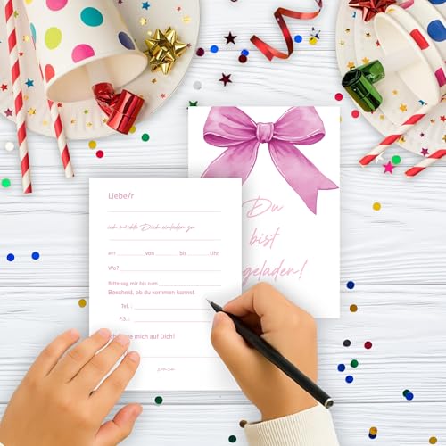 Edition Colibri Geburtstagseinladungskarte - Rosa Schleifenmotiv zentral | Set mit 10 flachen Karten (A6) – Rückseite zum Beschreiben