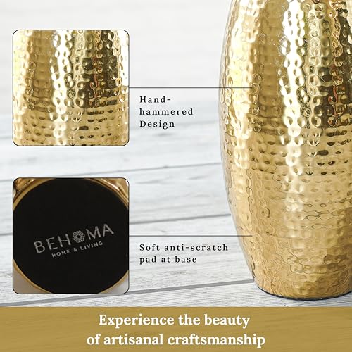 Image of BEHOMA Metal Hammered Golden Vase Set of - Set of 2 | Hammered Metal flower vase in Golden - for fresh or artificial flower displays for living room - great wedding gift
