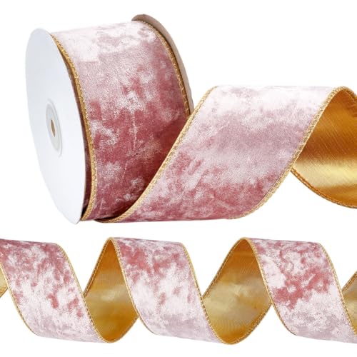MAYJOYDIY Cinta de terciopelo rosa con alambre de 9,1 m, bordes dorados, cinta de Navidad de terciopelo aplastado rosa rosa para envolver regalos, boda, decoración de vacaciones, manualidades, coronas