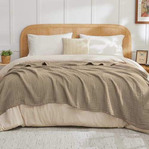 Image of EMME Muslin Blankets for Adults Throw Blanket for Couch Breathable Gauze Soft Lightweight Airy Tan Throw XL 50 inch x 71 inch