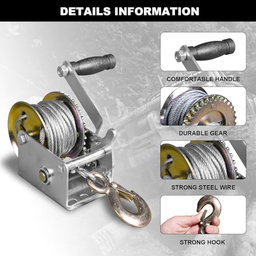 Image of BIG RED Torin Manual Hand Crank Winch: 26.3ft Steel Cable with 600lbs Capacity, Silver