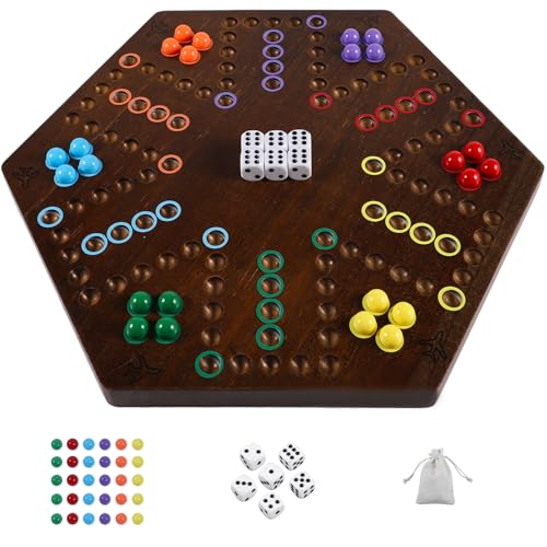 Wahoo Board Game Wooden Original Aggravation Board Game Classic 2 Side Painted Fast Track Game for 4 Player and 6 Player with 30 Marbles,6 Dices for Family Game Night (20 inch Brown Color)