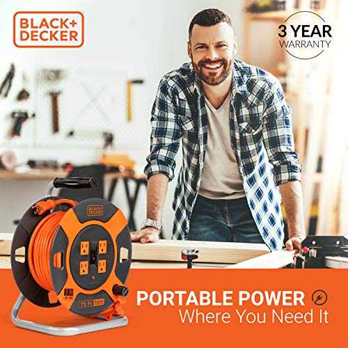 BLACK+DECKER 75 Ft. Retractable Extension Cord Reel with 4 Outlets, Multi-Plug Extension, Easy Handle Rewind & Heavy-Duty 14AWG SJTW Cable