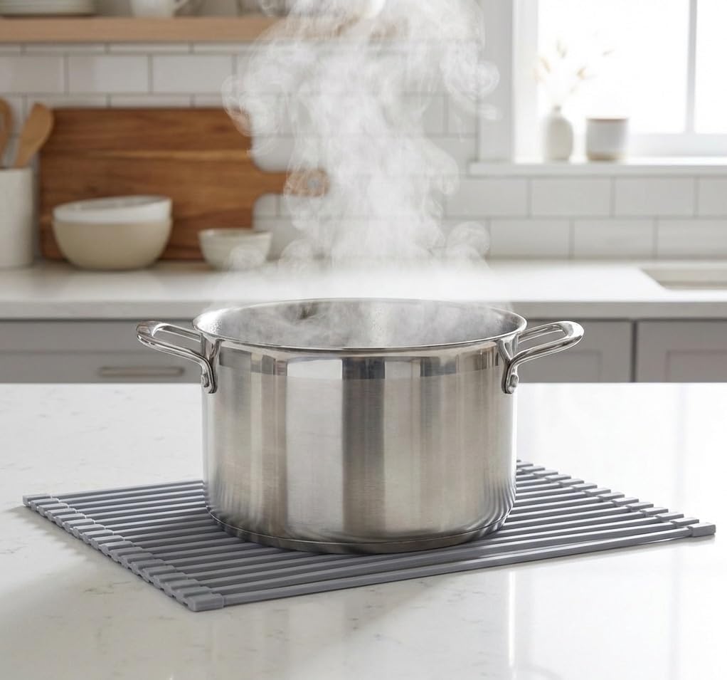 Roll Up Silicon Drying Rack,Sink Drying Mat.Over Sink Dish Drying Rack, Heat Resistant Trivet,Multi-Purpose Silicone Dish Rack,20X13inch,Gray