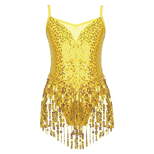JanJean Youth Girls Dancewear Costume Outfit Sleeveless Sequins Tassel Skirt Latin Ballet Salsa Tango Performance Dress Yellow Short 10 Years